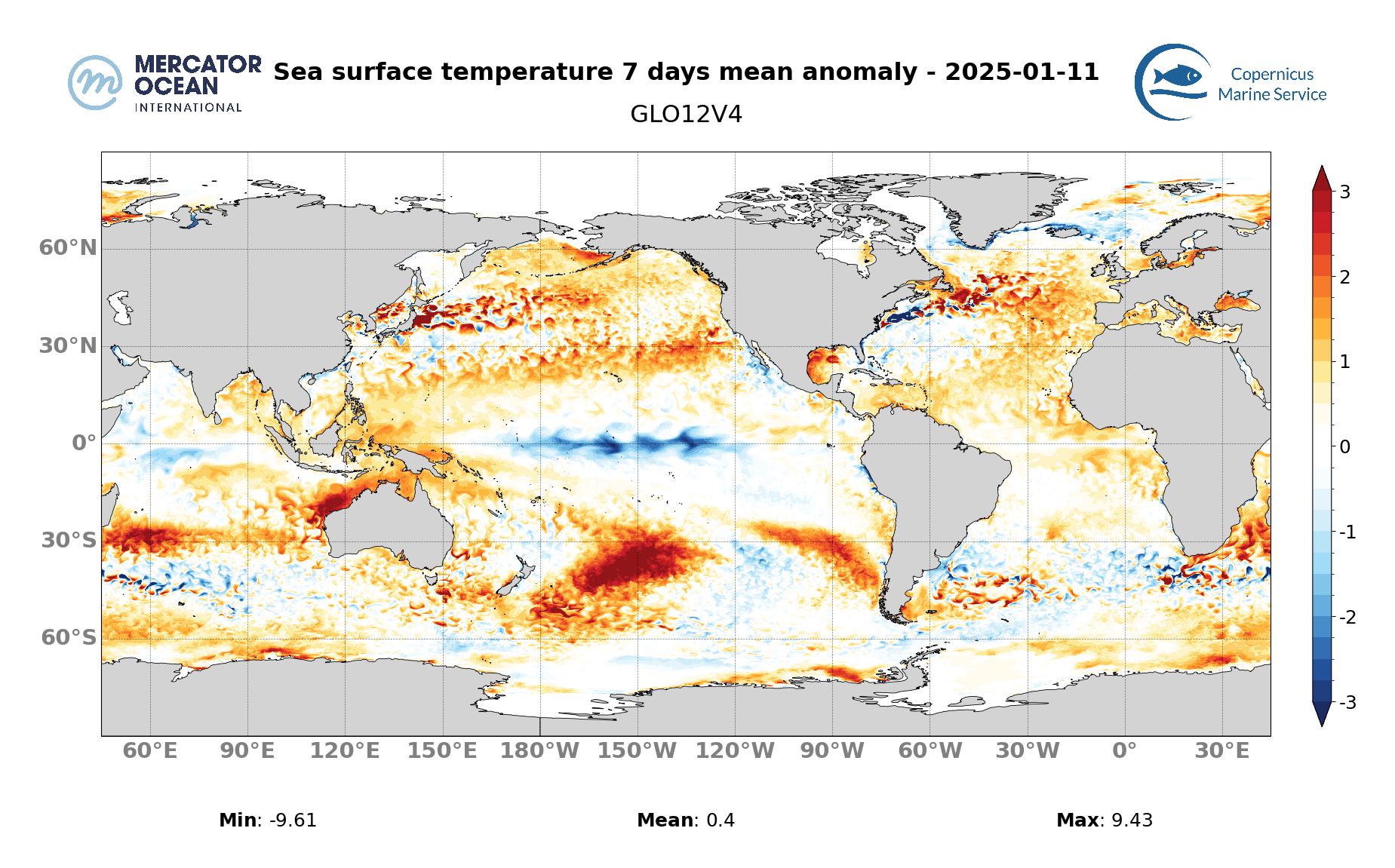 Water surface temperature anomaly map for the week 5 to 11 January, 2025. Global Ocean. GLO12. Source: Mercator Ocean International