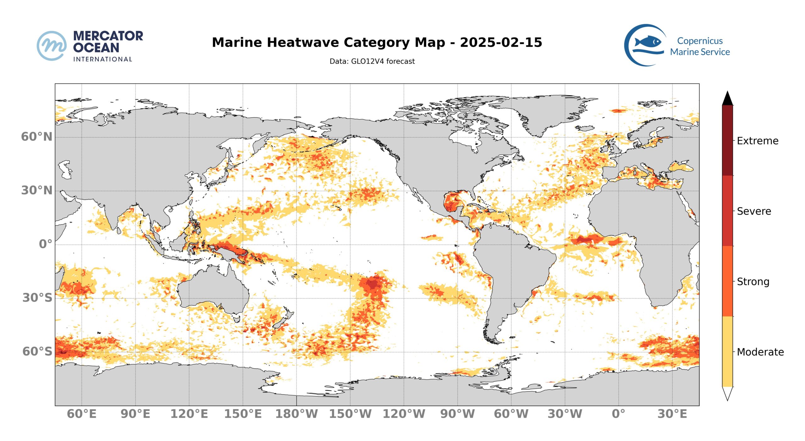 Marine heatwave categories for 15 February 2025 (global ocean). GLO12. Credit: Mercator Ocean International