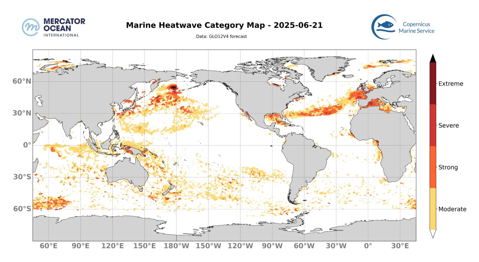 Marine heatwave categories for 21 June 2025 (global ocean). Credit: Mercator Ocean International