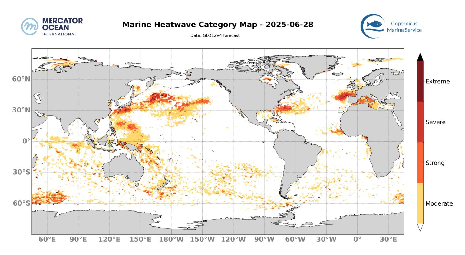Marine heatwave categories for 28 June 2025 (global ocean). Credit: Mercator Ocean International