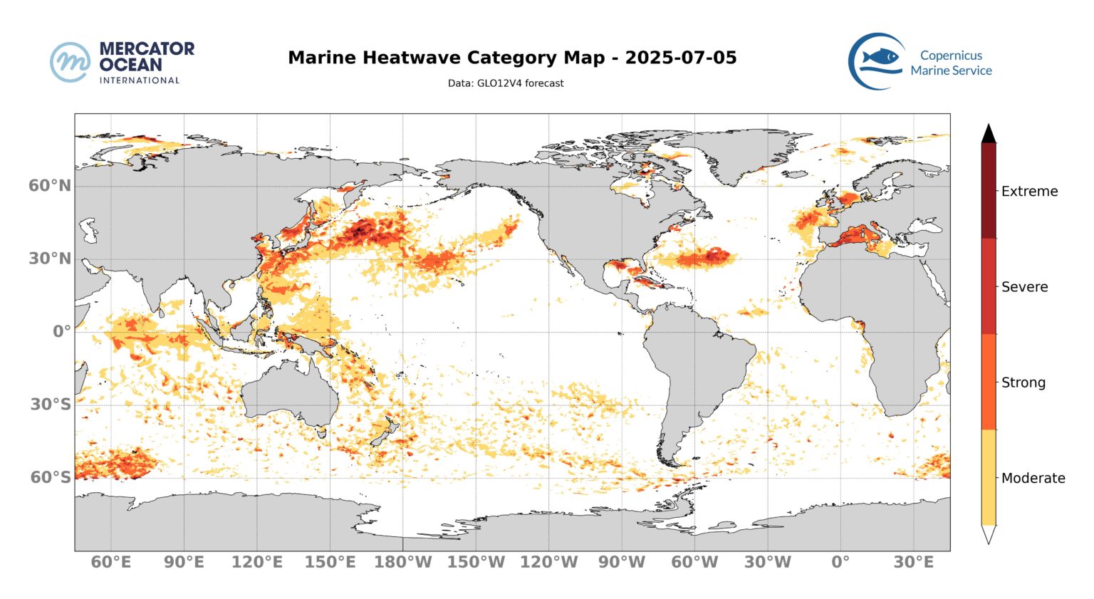 Marine heatwave intensity categories for 5 July, 2025. Global ocean. Credit: Mercator Ocean International