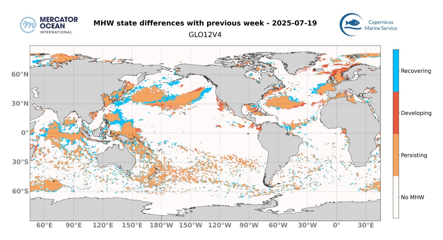 Category and geographical extent differences for 19 July, 2025. Global ocean. Credit: Mercator Ocean International