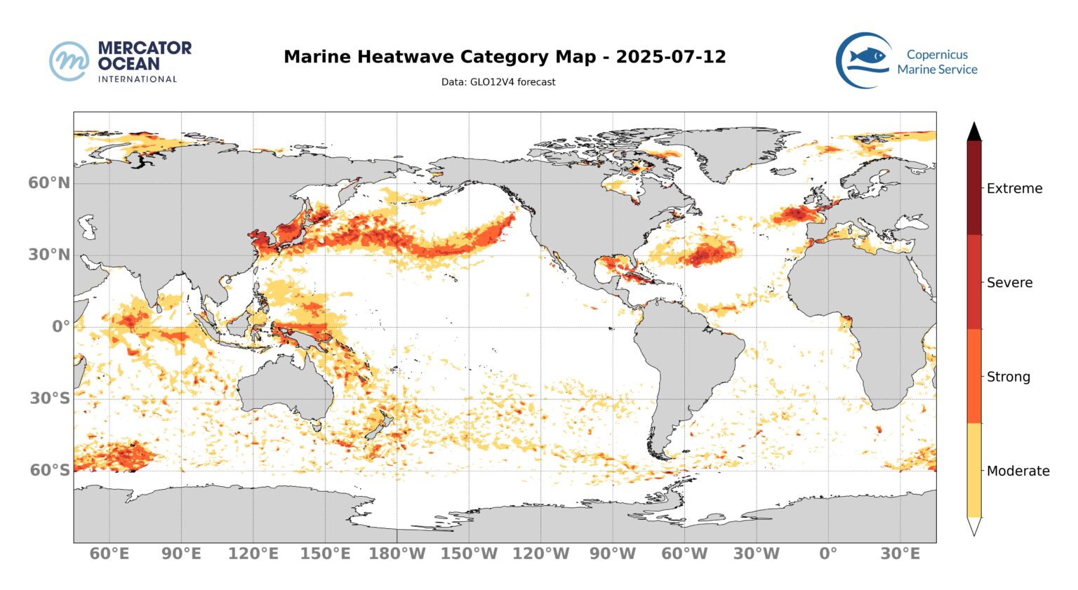Marine heatwave intensity categories for 12 July, 2025. Global ocean. Credit: Mercator Ocean International