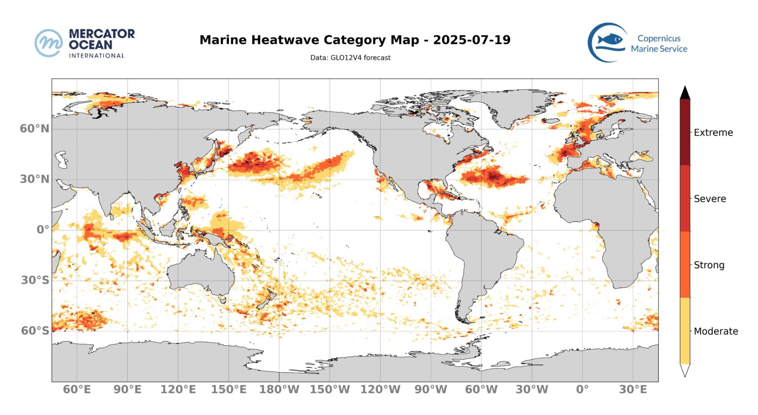 Marine heatwave intensity categories for 19 July, 2025. Global ocean. Credit: Mercator Ocean International