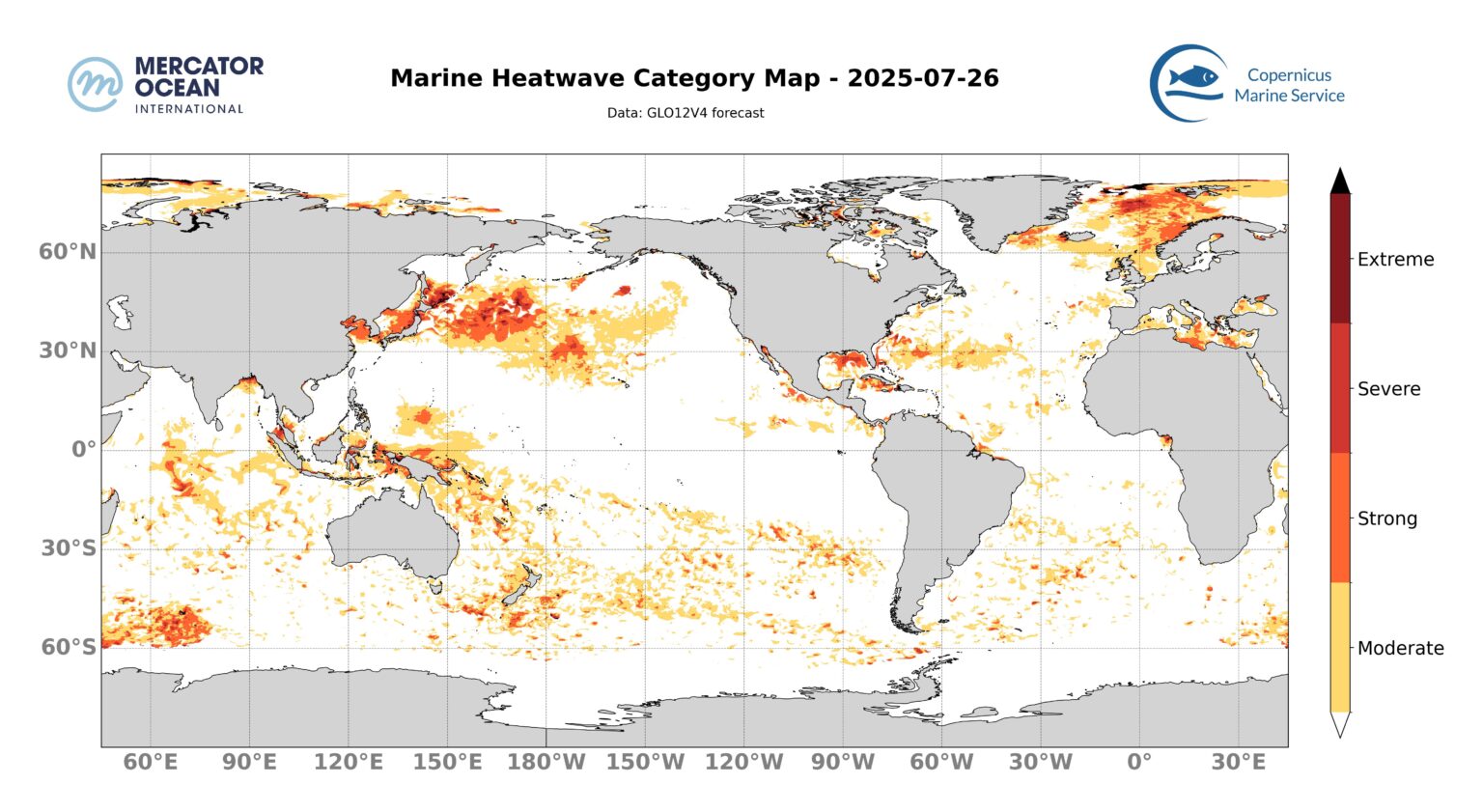 Marine heatwave intensity categories for 26 July, 2025. Global ocean. Credit: Mercator Ocean International