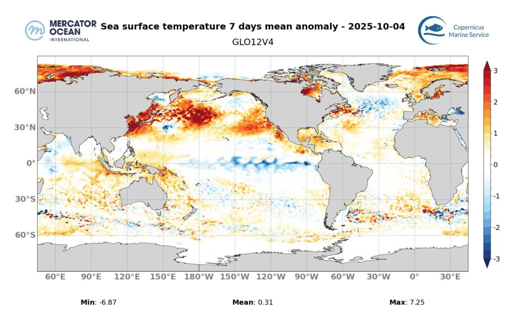 Marine heatwave categories for 4 October, 2025. Global. Credit: Mercator Ocean International.