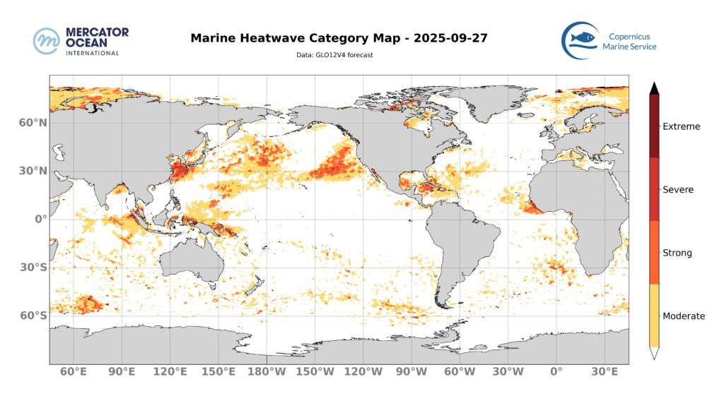 Marine heatwave categories for 27 September, 2025. Global. Credit: Mercator Ocean International.