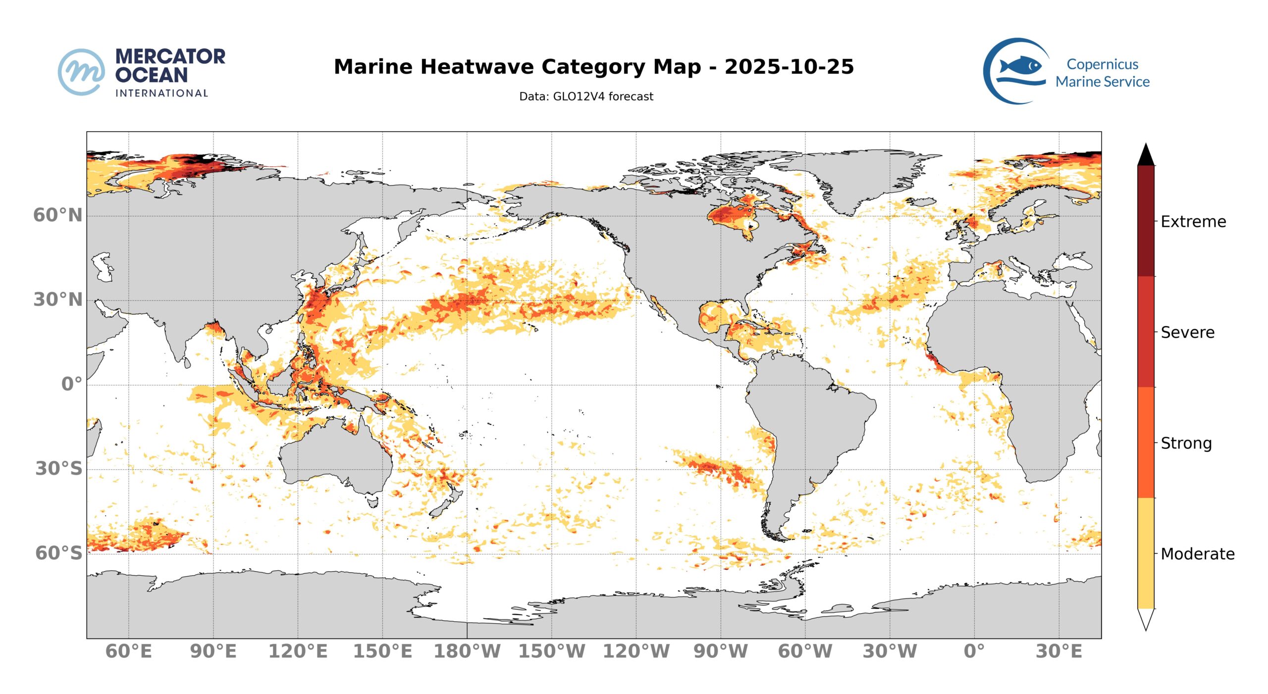 Marine heatwave categories forecast for 25 October, 2025. Global Ocean. Credit: Mercator Ocean International