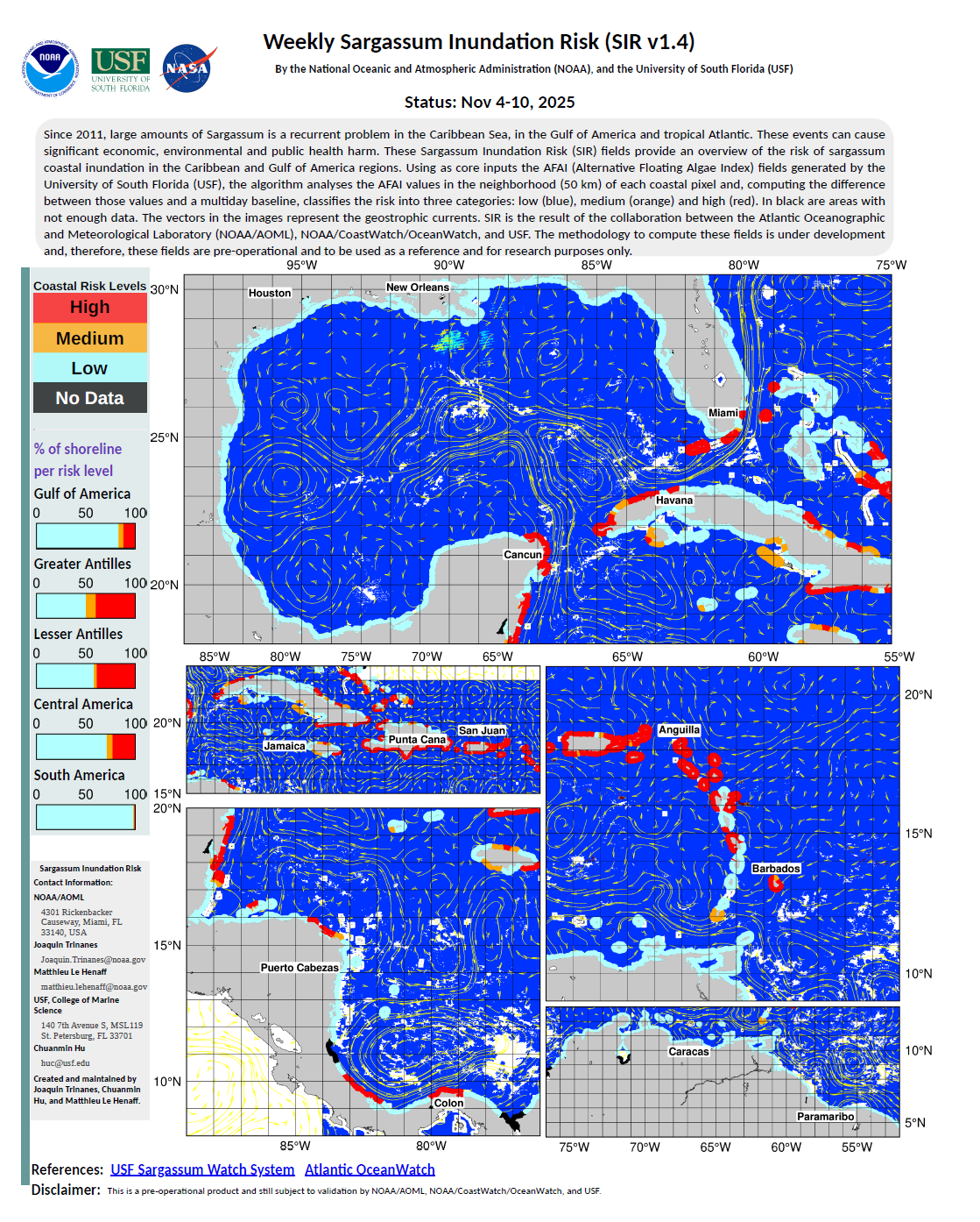  Weekly Sargassum Inundation Risk (SIR v1.3) By the National Oceanic and Atmospheric Administration (NOAA), and the University of South Florida (USF) Status: Nov 4-10, 2025