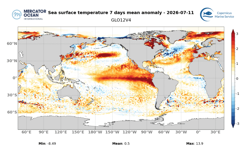 Weekly sea surface temperature anomaly map for the period 4–11 July 2026. GLO12 forecast. Source: Mercator Ocean International.