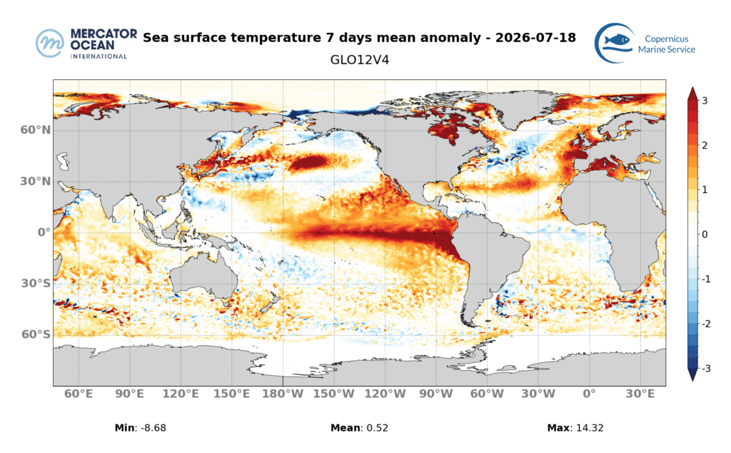 Weekly sea surface temperature anomaly map for the period 12–18 July 2026. Europe (above) and Global Ocean (bottom). GLO12 forecasts. Source: Mercator Ocean International.