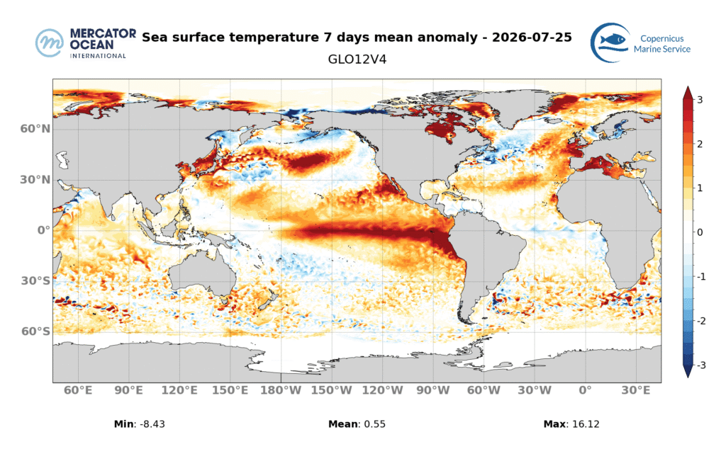 Weekly sea surface temperature anomaly forecasts for the period 19-25 July 2026 in Europe (top) and for the global Ocean (bottom). GLO12. Source: Mercator Ocean International.