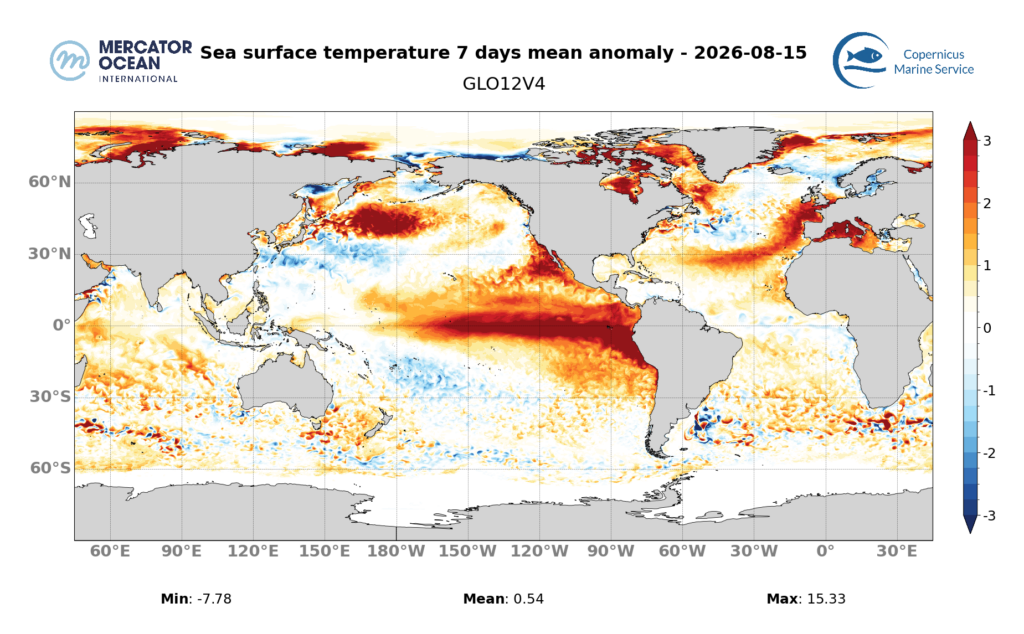 Weekly mean sea surface temperatures Anomaly 9-15 August 2026