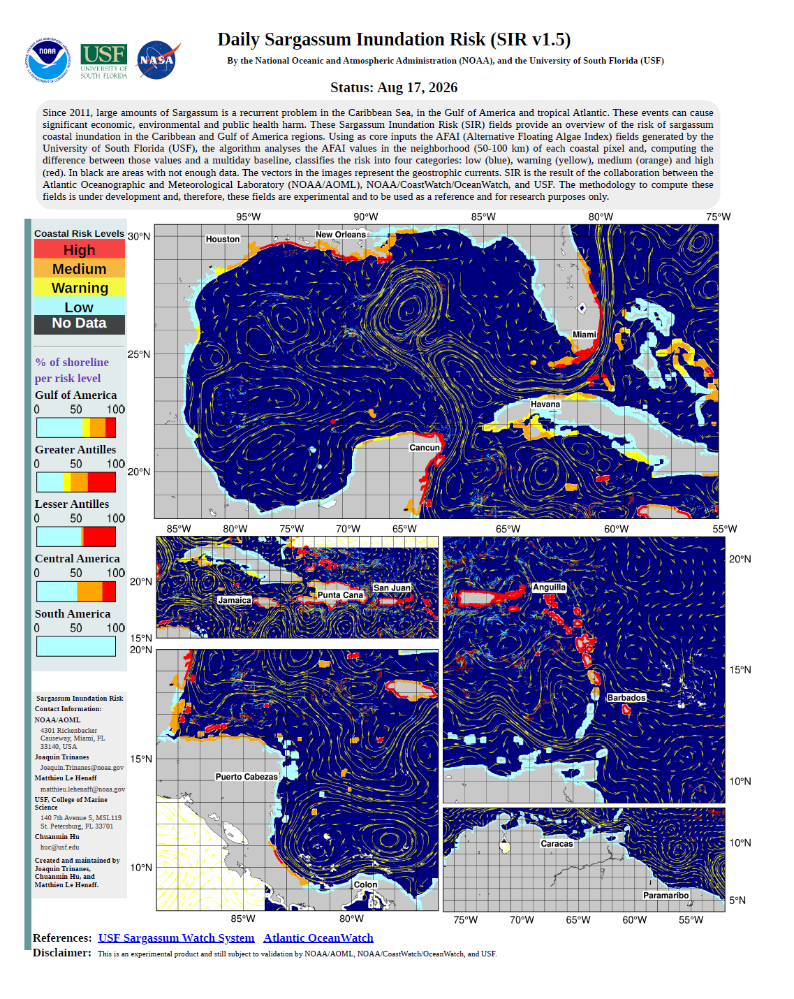 Experimental Sargassum Inundation Risk (SIR v1.3) By the National Oceanic and Atmospheric Administration (NOAA), and the University of South Florida (USF) Status: August 13, 2026