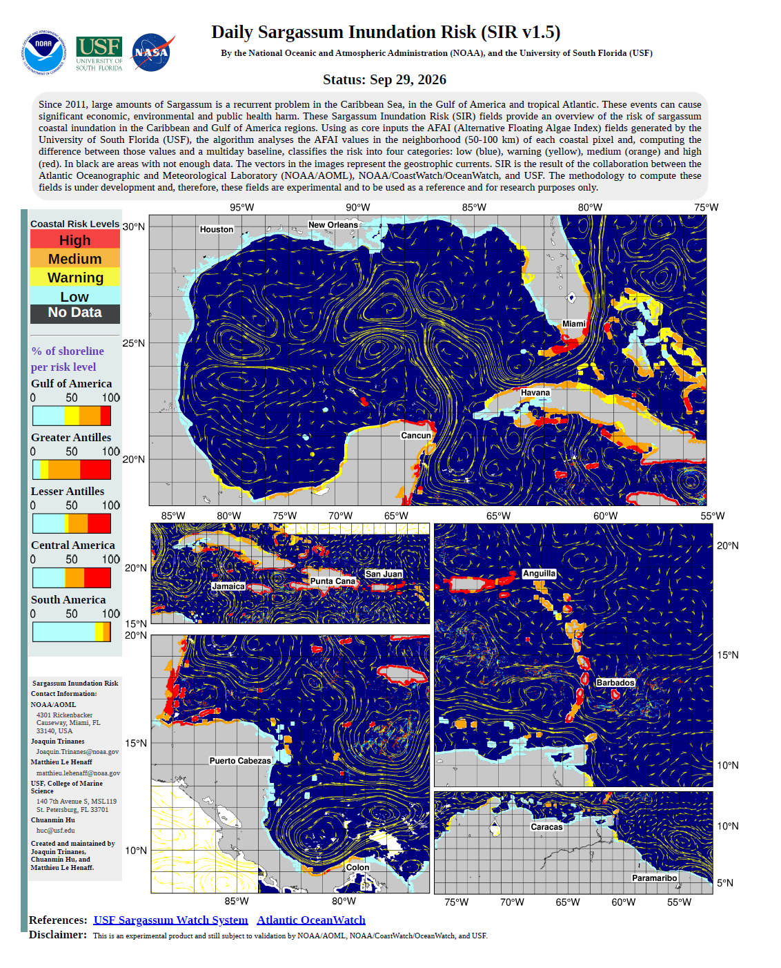 Experimental Sargassum Inundation Risk (SIR v1.3) By the National Oceanic and Atmospheric Administration (NOAA), and the University of South Florida (USF) Status: September 20, 2026