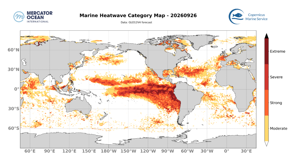 Map of marine heatwave categories for the 26 September 2026 forecast across the global ocean. GLO12 forecast. Source: Mercator Ocean International